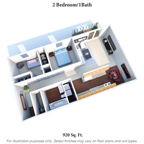Floor plan for 2 beds, 1 bath, 920 sqft